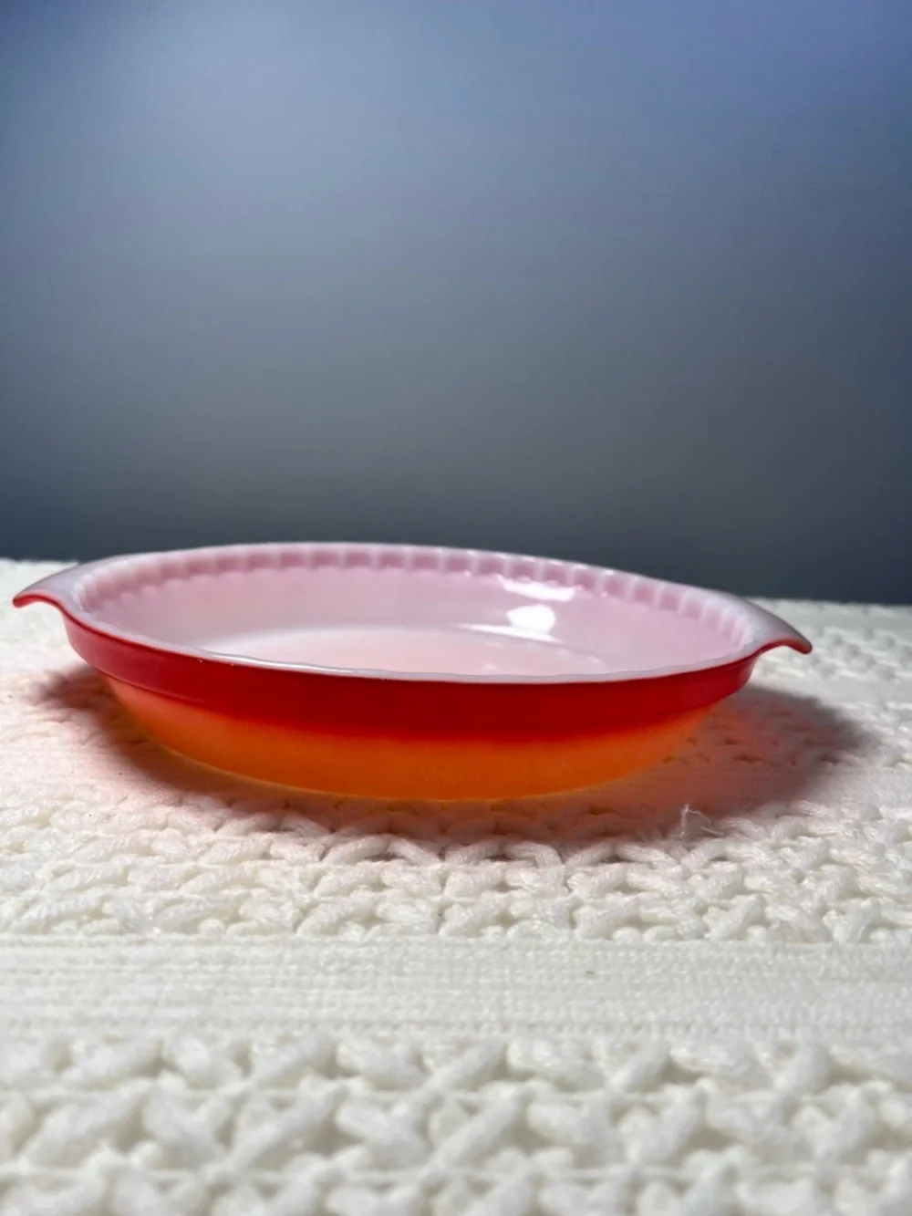 Vintage FIRE KING Red Atomic Orange Ombre 10” Pie Plate by Anchor Hocking